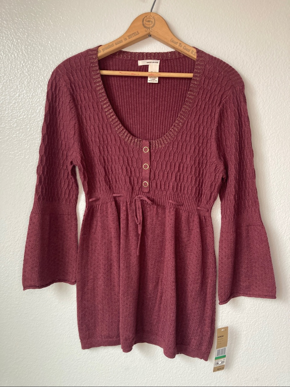 NWT Vintage y2k DKNY Jeans Bell Sleeve babydoll pointelle henley sweater sz L